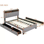 Letto a piattaforma matrimoniale con testiera imbottita e contenitore a rotelle con 2 cassetti Prese USB Facile da montare