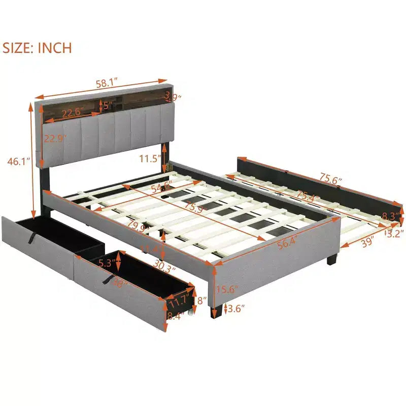 Letto a piattaforma matrimoniale con testiera imbottita e contenitore a rotelle con 2 cassetti Prese USB Facile da montare