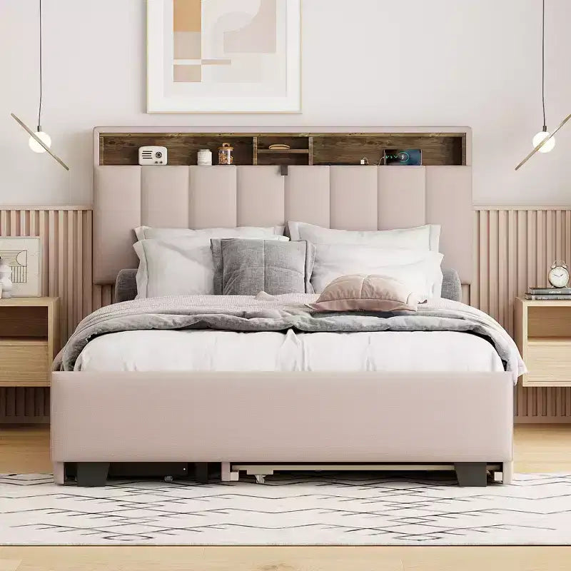 Letto a piattaforma matrimoniale con testiera imbottita e contenitore a rotelle con 2 cassetti Prese USB Facile da montare