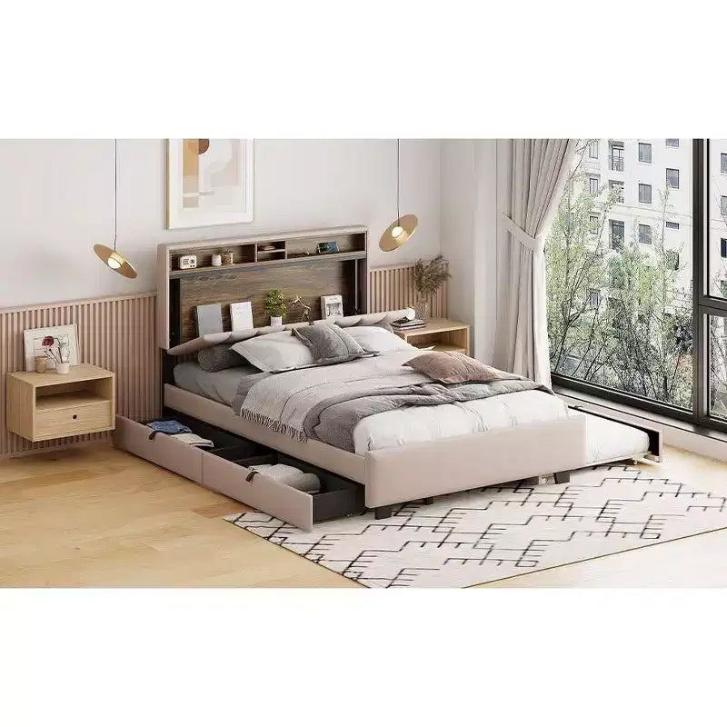 Letto a piattaforma matrimoniale con testiera imbottita e contenitore a rotelle con 2 cassetti Prese USB Facile da montare