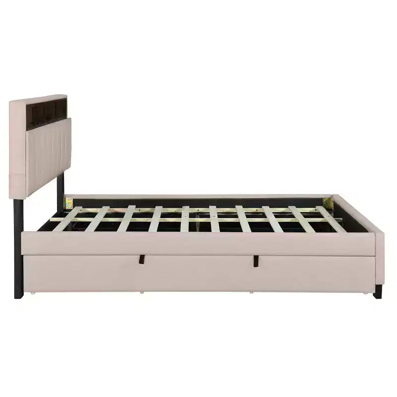Letto a piattaforma matrimoniale con testiera imbottita e contenitore a rotelle con 2 cassetti Prese USB Facile da montare