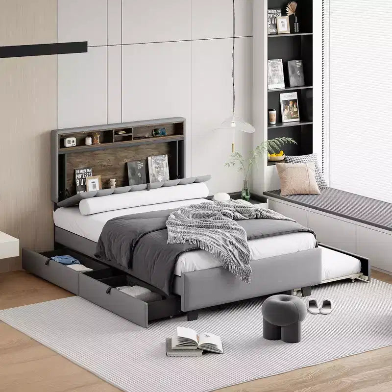 Letto a piattaforma matrimoniale con testiera imbottita e contenitore a rotelle con 2 cassetti Prese USB Facile da montare