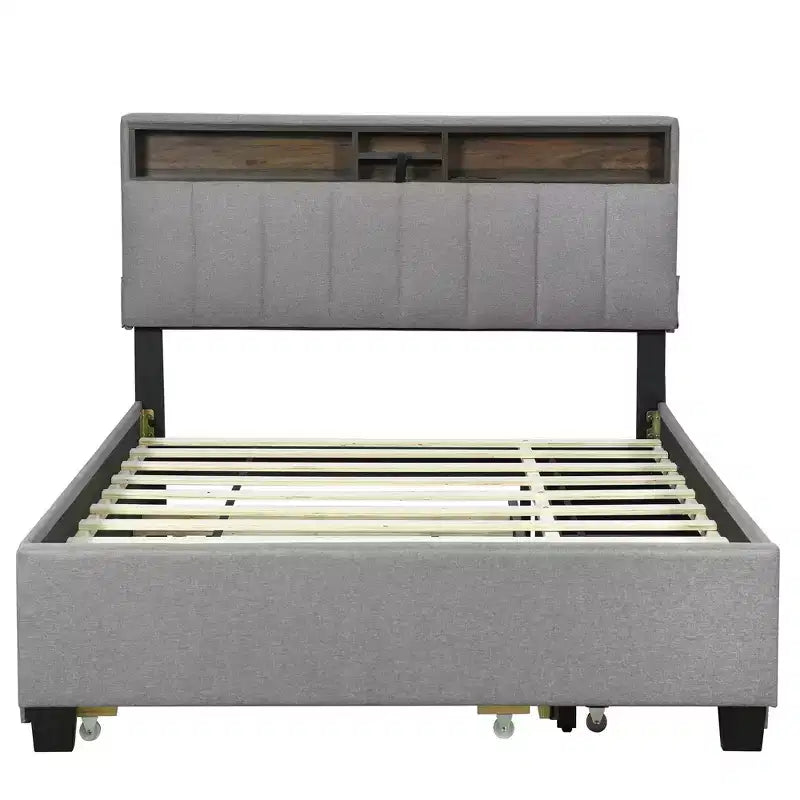 Letto a piattaforma matrimoniale con testiera imbottita e contenitore a rotelle con 2 cassetti Prese USB Facile da montare