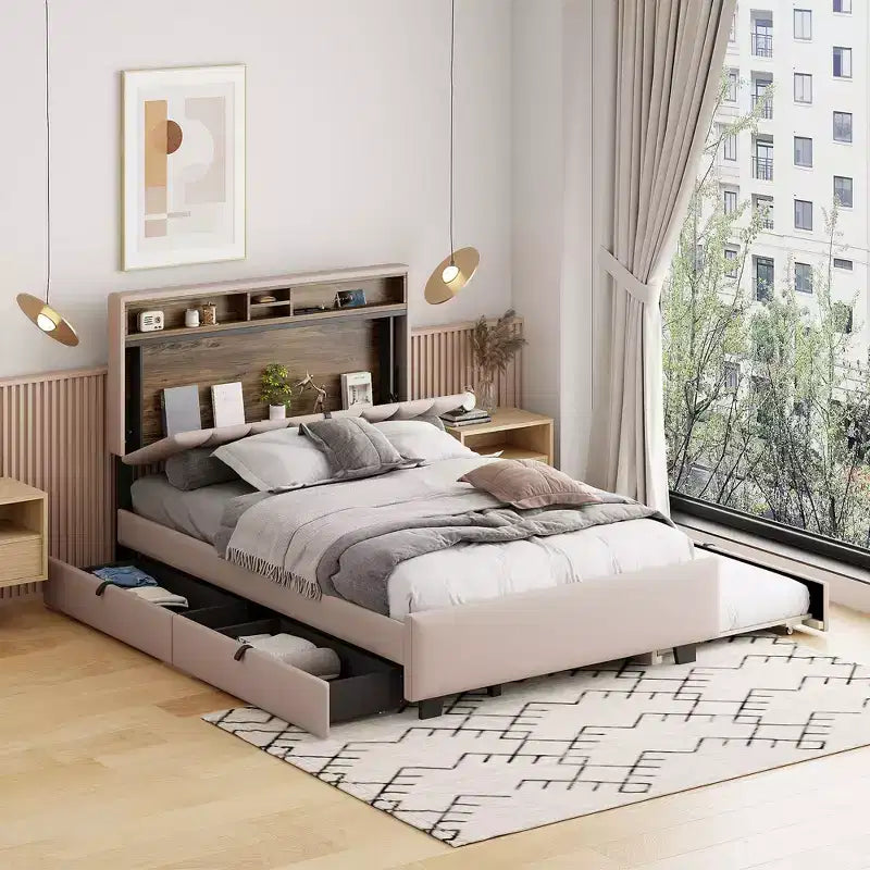Letto a piattaforma matrimoniale con testiera imbottita e contenitore a rotelle con 2 cassetti Prese USB Facile da montare