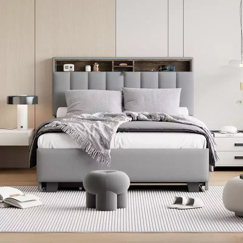 Okak Full/Queen Platform Bed Frame with Upholstered & Trundle Storage Headboard Bed with 2 Drawers Sockets USB Ports Easy Assembly