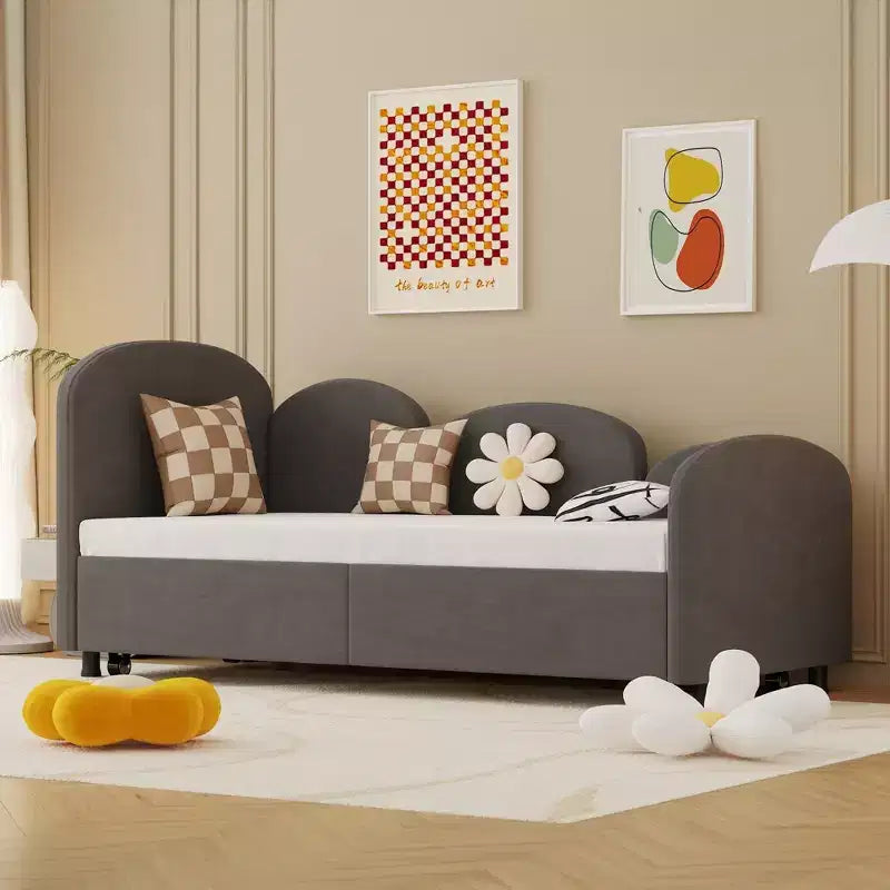 Divano letto Daybed Dry in velluto grigio, moderno, per soggiorno e cameretta bambini