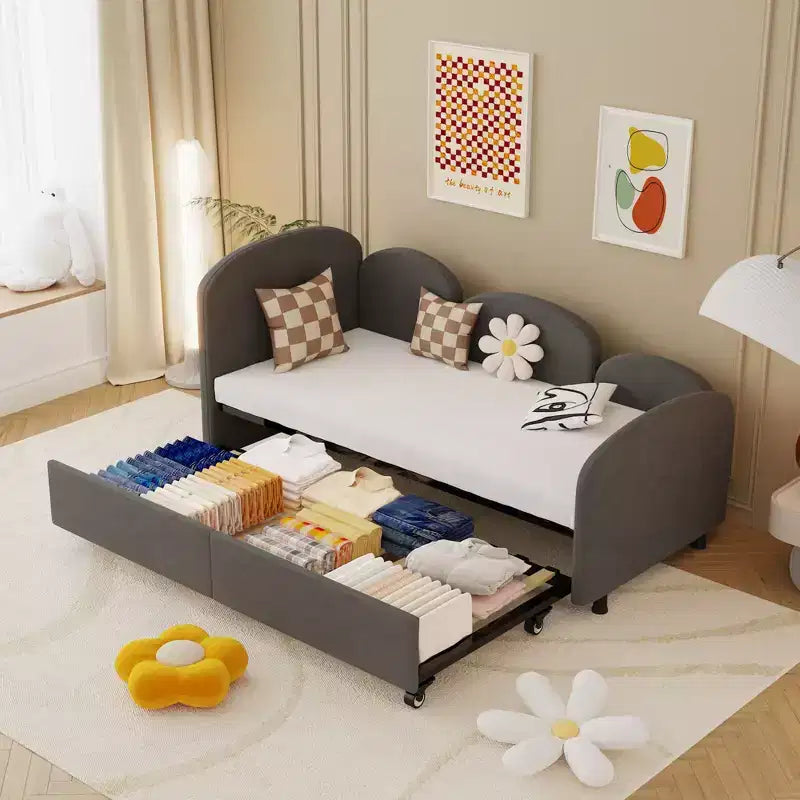 Divano letto Daybed Dry in velluto grigio, moderno, per soggiorno e cameretta bambini