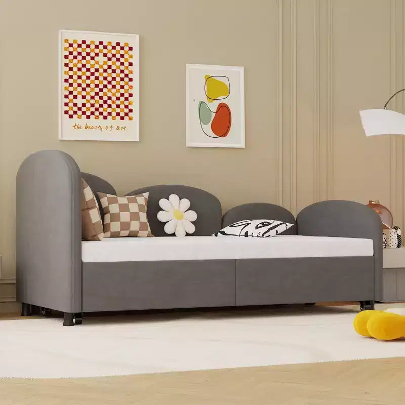 Divano letto Daybed Dry in velluto grigio, moderno, per soggiorno e cameretta bambini
