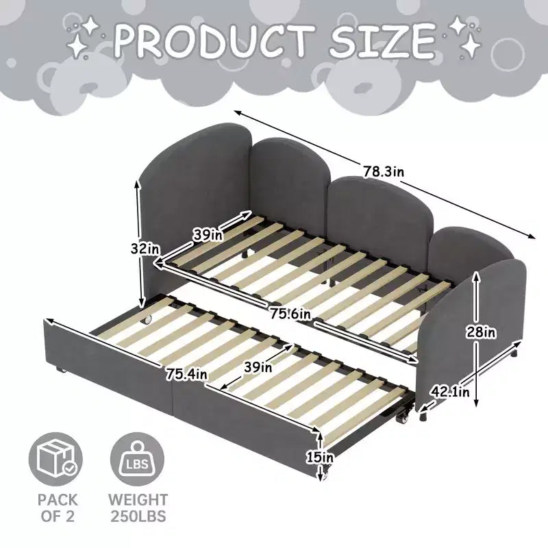 Divano letto Daybed Dry in velluto grigio, moderno, per soggiorno e cameretta bambini