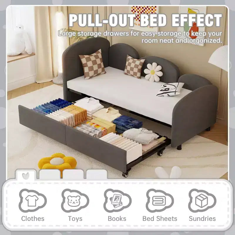 Divano letto Daybed Dry in velluto grigio, moderno, per soggiorno e cameretta bambini
