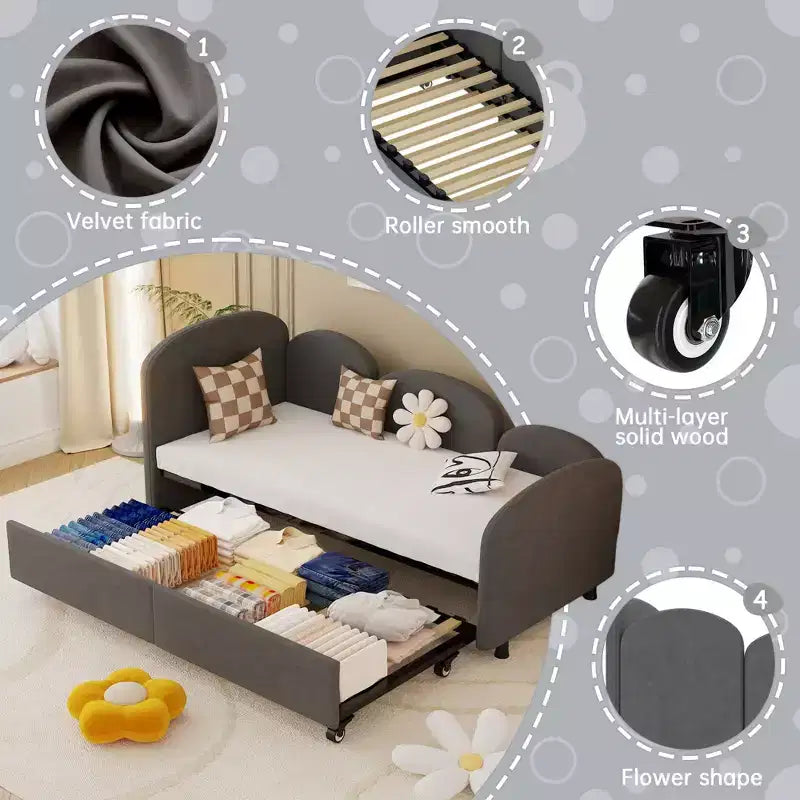 Divano letto Daybed Dry in velluto grigio, moderno, per soggiorno e cameretta bambini