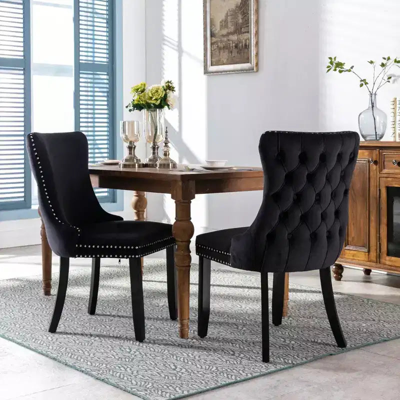 Sedie da Pranzo Retrò Set da 2, Comode Sedie Imbottite a Pozzetto con Cuciture Posteriori e Borchie Decorative, Sedie da Cucina con Gambe in Legno Massello