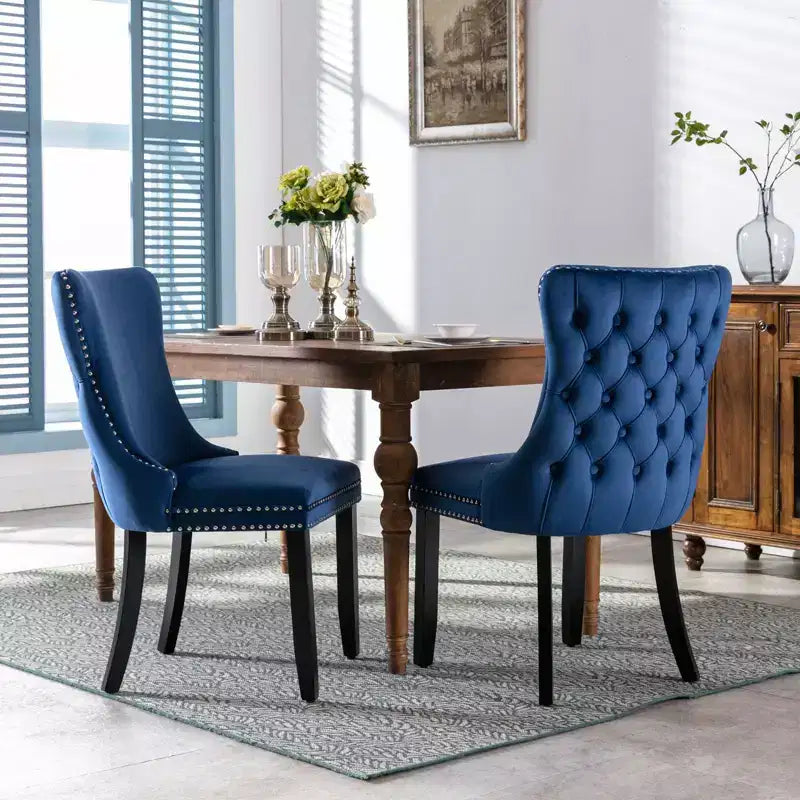 Sedie da Pranzo Retrò Set da 2, Comode Sedie Imbottite a Pozzetto con Cuciture Posteriori e Borchie Decorative, Sedie da Cucina con Gambe in Legno Massello