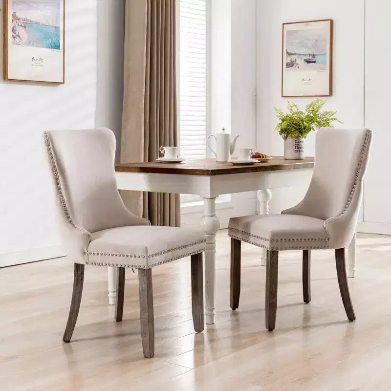 Sedie da Pranzo Retrò Set da 2, Comode Sedie Imbottite a Pozzetto con Cuciture Posteriori e Borchie Decorative, Sedie da Cucina con Gambe in Legno Massello