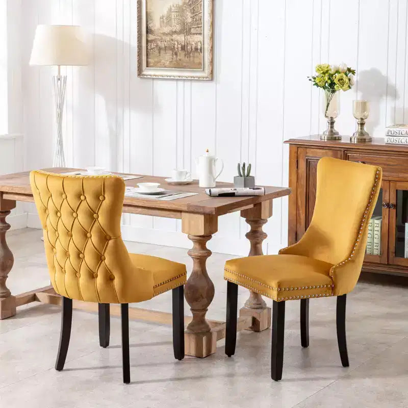 Sedie da Pranzo Retrò Set da 2, Comode Sedie Imbottite a Pozzetto con Cuciture Posteriori e Borchie Decorative, Sedie da Cucina con Gambe in Legno Massello