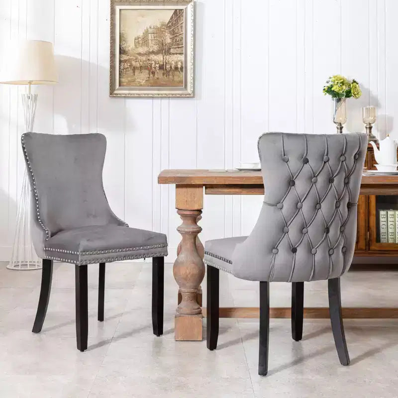 Sedie da Pranzo Retrò Set da 2, Comode Sedie Imbottite a Pozzetto con Cuciture Posteriori e Borchie Decorative, Sedie da Cucina con Gambe in Legno Massello