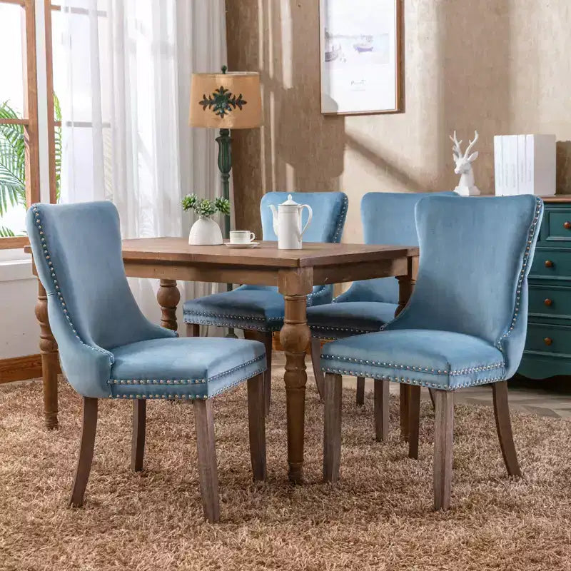 Sedie da Pranzo Retrò Set da 2, Comode Sedie Imbottite a Pozzetto con Cuciture Posteriori e Borchie Decorative, Sedie da Cucina con Gambe in Legno Massello