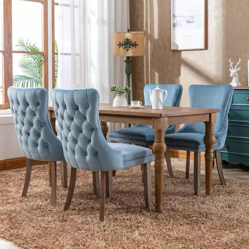 Sedie da Pranzo Retrò Set da 2, Comode Sedie Imbottite a Pozzetto con Cuciture Posteriori e Borchie Decorative, Sedie da Cucina con Gambe in Legno Massello
