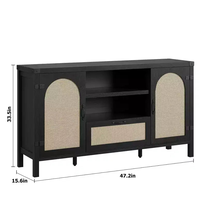 Mobile Credenza a Buffet in Rattan con Cassetto e Ripiani Aperti, Mobile Bar Boho Rustico per Cucina, Sala da Pranzo o Soggiorno