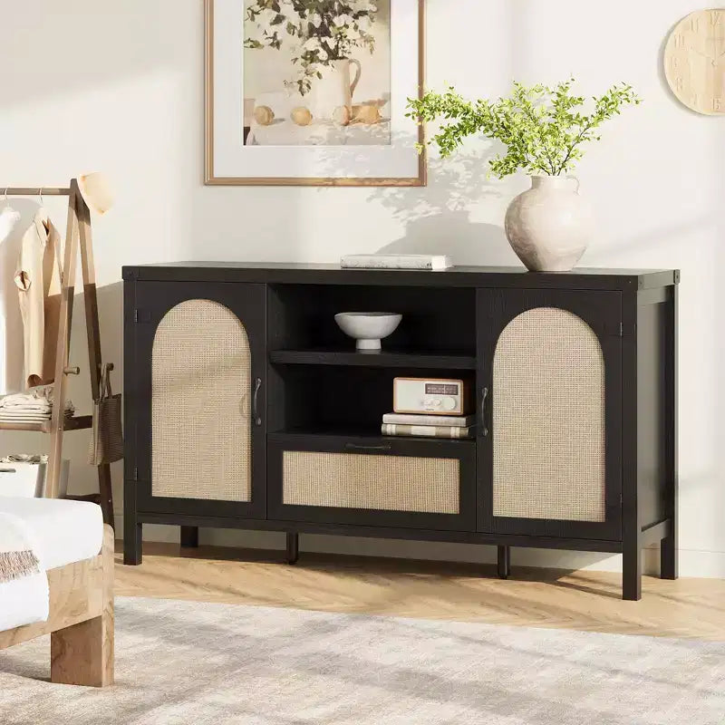 Mobile Credenza a Buffet in Rattan con Cassetto e Ripiani Aperti, Mobile Bar Boho Rustico per Cucina, Sala da Pranzo o Soggiorno