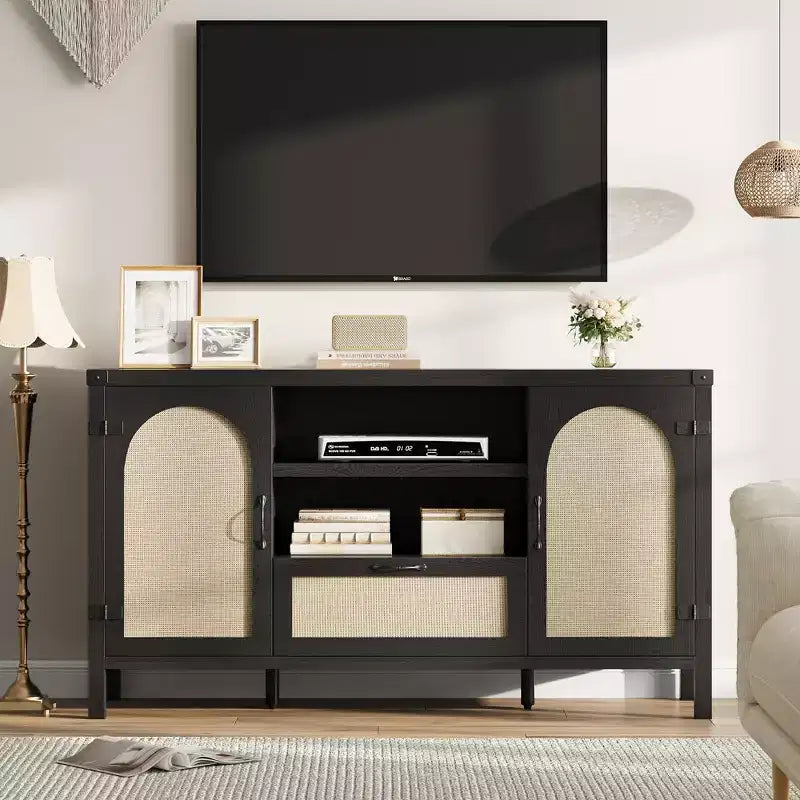 Mobile Credenza a Buffet in Rattan con Cassetto e Ripiani Aperti, Mobile Bar Boho Rustico per Cucina, Sala da Pranzo o Soggiorno