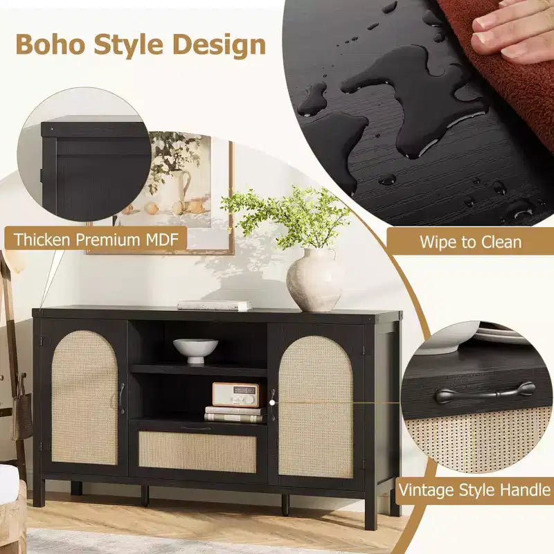 Mobile Credenza a Buffet in Rattan con Cassetto e Ripiani Aperti, Mobile Bar Boho Rustico per Cucina, Sala da Pranzo o Soggiorno