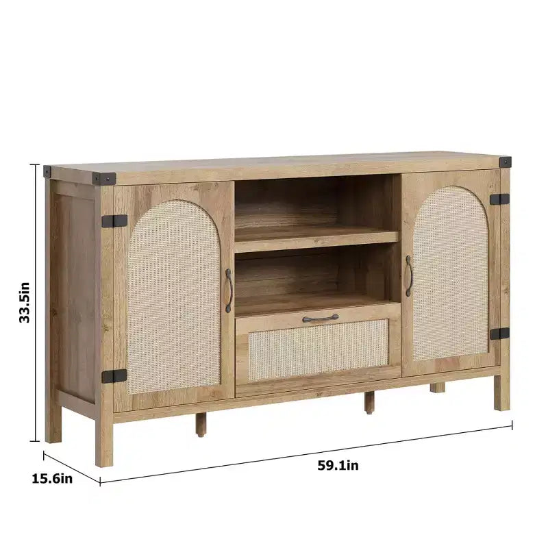 Mobile Credenza a Buffet in Rattan con Cassetto e Ripiani Aperti, Mobile Bar Boho Rustico per Cucina, Sala da Pranzo o Soggiorno