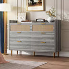 Acekool 47 Walnut 6 Drawer Double Dresser, Modern Rattan Chest, Wide Storage Dresser with Gold Hardware for Bedroom Living Room Hallway