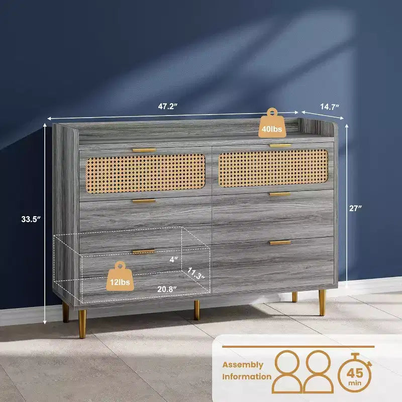 Cassettiera doppia a 6 cassetti in noce, moderna cassettiera in rattan, cassettiera ampia con ferramenta dorata per camera da letto, soggiorno, corridoio