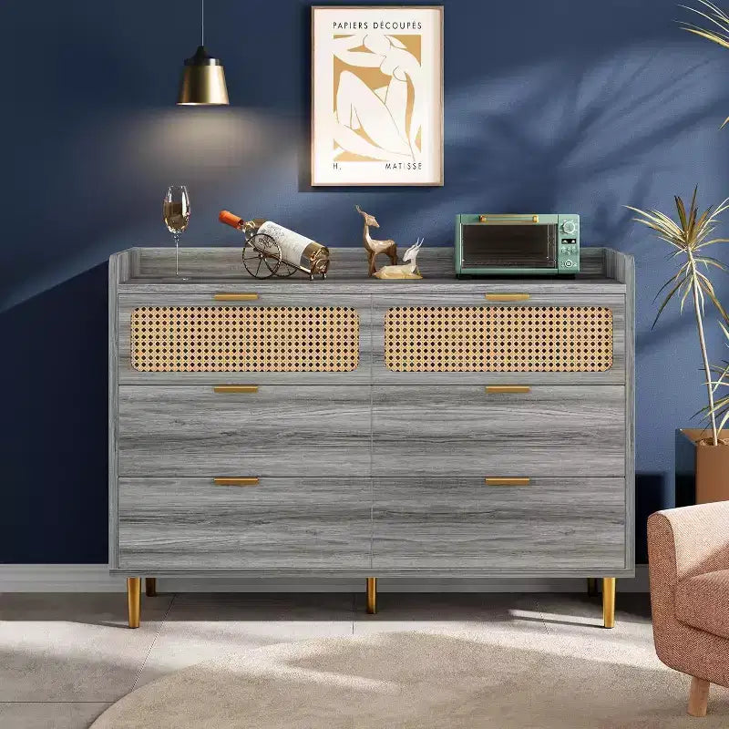 Cassettiera doppia a 6 cassetti in noce, moderna cassettiera in rattan, cassettiera ampia con ferramenta dorata per camera da letto, soggiorno, corridoio