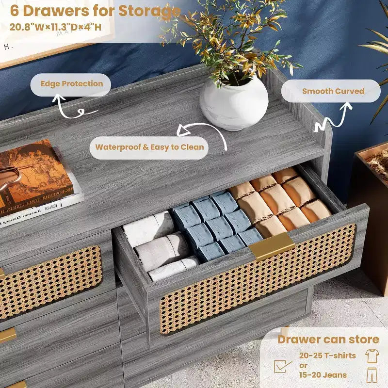 Cassettiera doppia a 6 cassetti in noce, moderna cassettiera in rattan, cassettiera ampia con ferramenta dorata per camera da letto, soggiorno, corridoio
