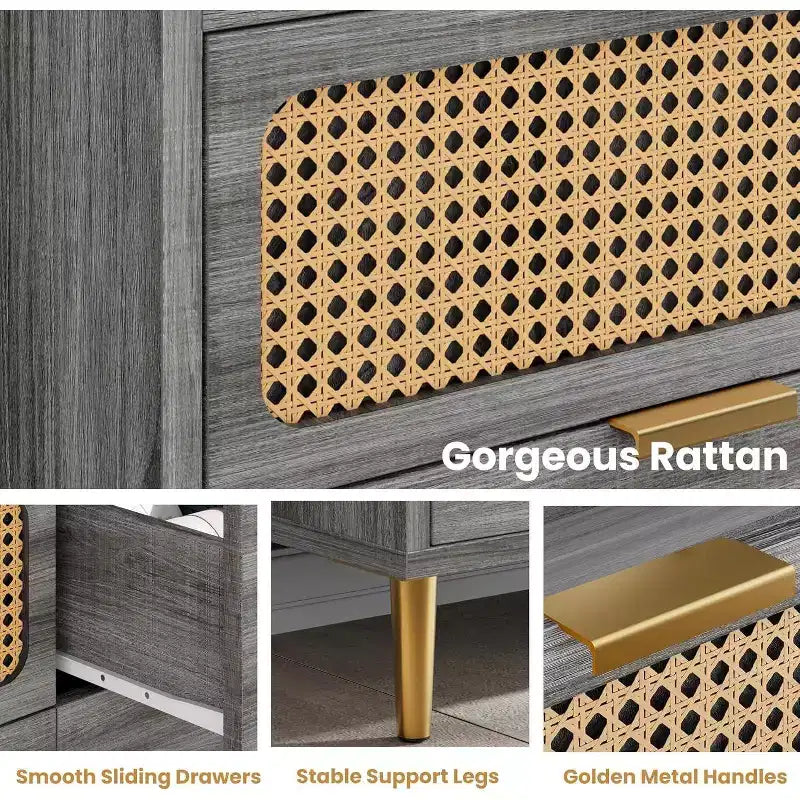 Cassettiera doppia a 6 cassetti in noce, moderna cassettiera in rattan, cassettiera ampia con ferramenta dorata per camera da letto, soggiorno, corridoio