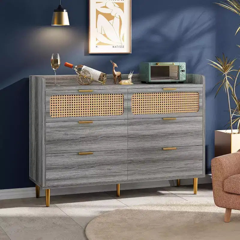 Cassettiera doppia a 6 cassetti in noce, moderna cassettiera in rattan, cassettiera ampia con ferramenta dorata per camera da letto, soggiorno, corridoio