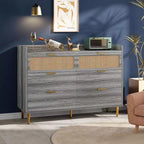 Cassettiera doppia a 6 cassetti in noce, moderna cassettiera in rattan, cassettiera ampia con ferramenta dorata per camera da letto, soggiorno, corridoio