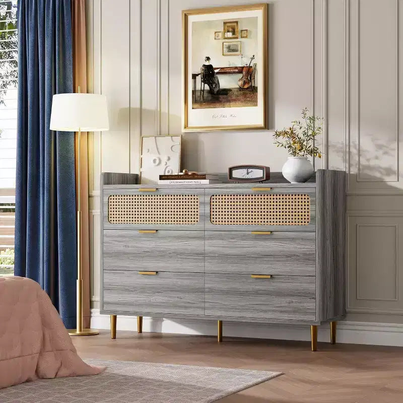 Cassettiera doppia a 6 cassetti in noce, moderna cassettiera in rattan, cassettiera ampia con ferramenta dorata per camera da letto, soggiorno, corridoio