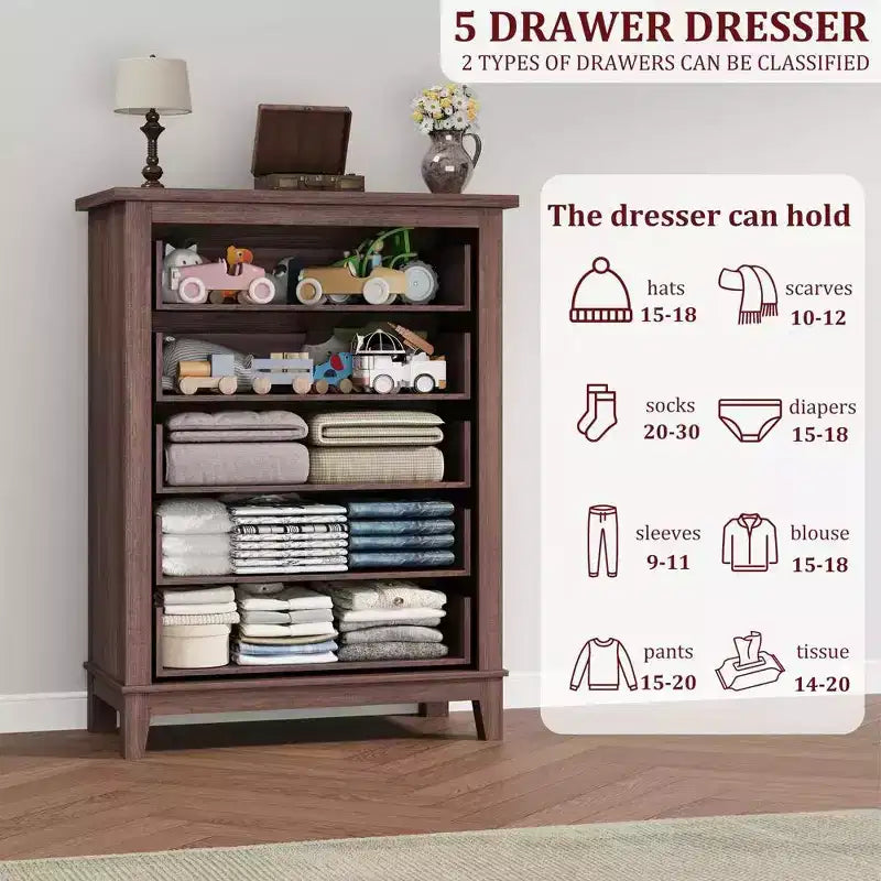 Comò alto a 5 cassetti, cassettiera verticale, comò moderno in legno da 41,3" per camera da letto, soggiorno, ingresso