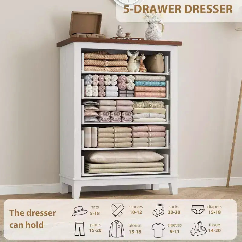 Comò alto a 5 cassetti, cassettiera verticale, comò moderno in legno da 41,3" per camera da letto, soggiorno, ingresso