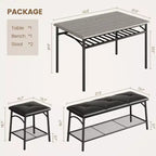 Set da 4 Pezzi con Tavolo Rettangolare da Cucina, 1 Panca Imbottita e 2 Sgabelli Quadrati