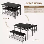 Set da 4 Pezzi con Tavolo Rettangolare da Cucina, 1 Panca Imbottita e 2 Sgabelli Quadrati
