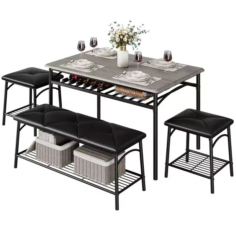 Set da 4 Pezzi con Tavolo Rettangolare da Cucina, 1 Panca Imbottita e 2 Sgabelli Quadrati