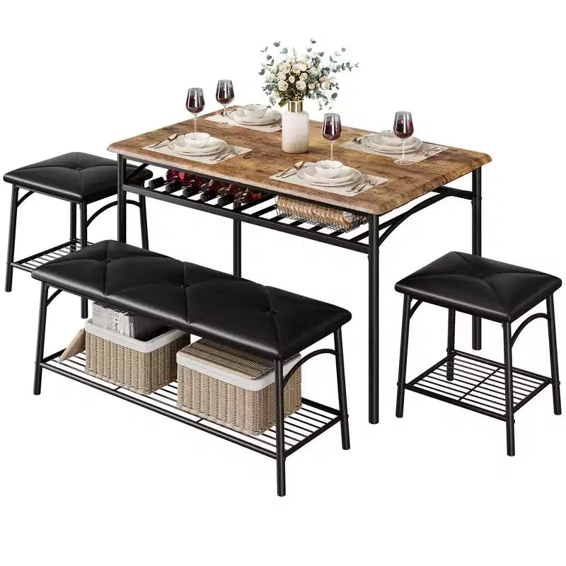 Set da 4 Pezzi con Tavolo Rettangolare da Cucina, 1 Panca Imbottita e 2 Sgabelli Quadrati