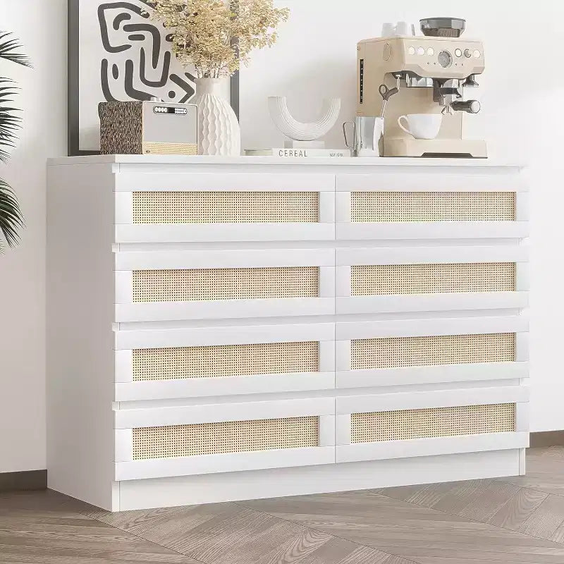 Comò doppio in rattan a 8 cassetti, mobile contenitore moderno in legno per camera da letto, cameretta, cabina armadio, soggiorno e ingresso