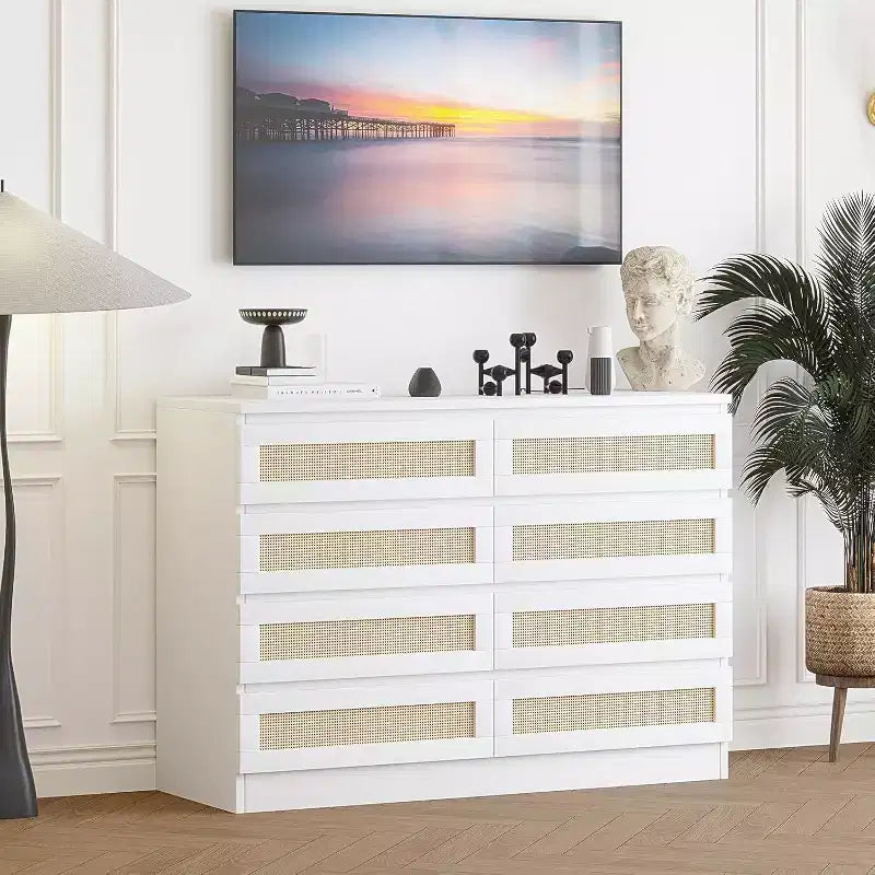 Comò doppio in rattan a 8 cassetti, mobile contenitore moderno in legno per camera da letto, cameretta, cabina armadio, soggiorno e ingresso