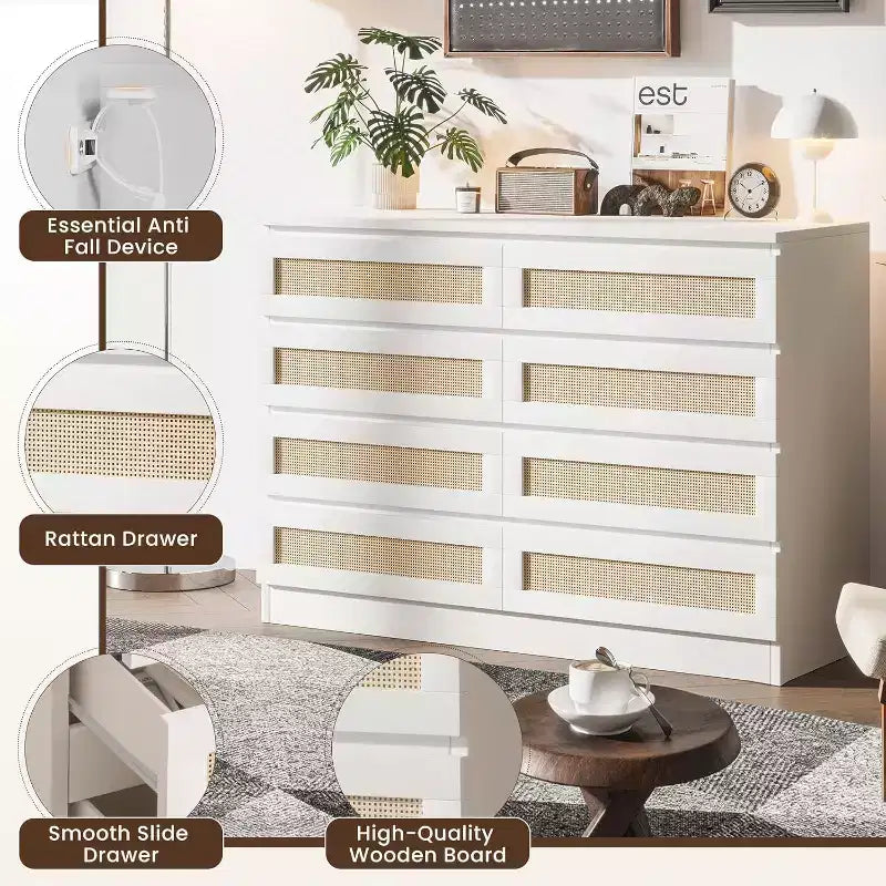 Comò doppio in rattan a 8 cassetti, mobile contenitore moderno in legno per camera da letto, cameretta, cabina armadio, soggiorno e ingresso