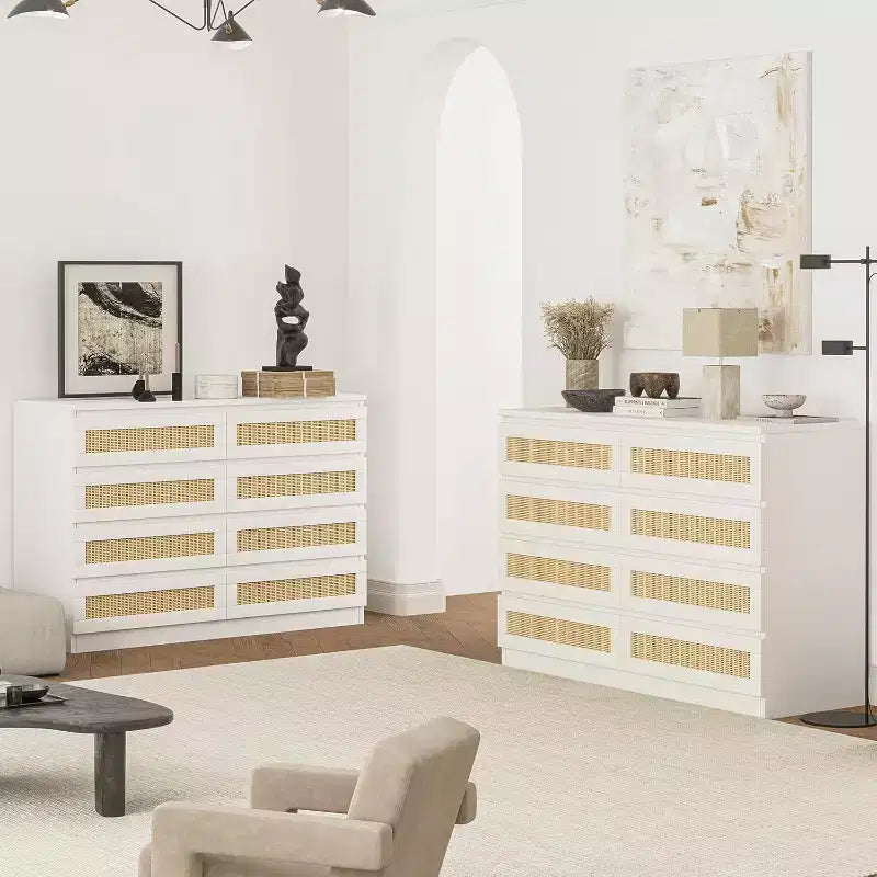 Comò doppio in rattan a 8 cassetti, mobile contenitore moderno in legno per camera da letto, cameretta, cabina armadio, soggiorno e ingresso