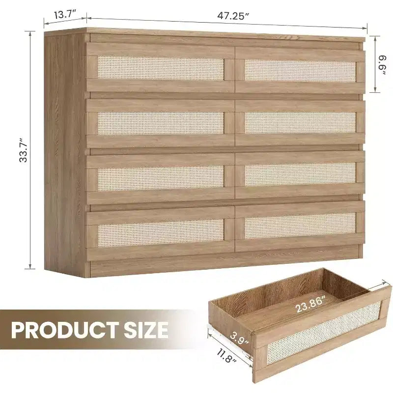 Comò doppio in rattan a 8 cassetti, mobile contenitore moderno in legno per camera da letto, cameretta, cabina armadio, soggiorno e ingresso