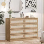 Comò doppio in rattan a 8 cassetti, mobile contenitore moderno in legno per camera da letto, cameretta, cabina armadio, soggiorno e ingresso