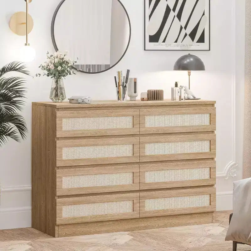 Comò doppio in rattan a 8 cassetti, mobile contenitore moderno in legno per camera da letto, cameretta, cabina armadio, soggiorno e ingresso