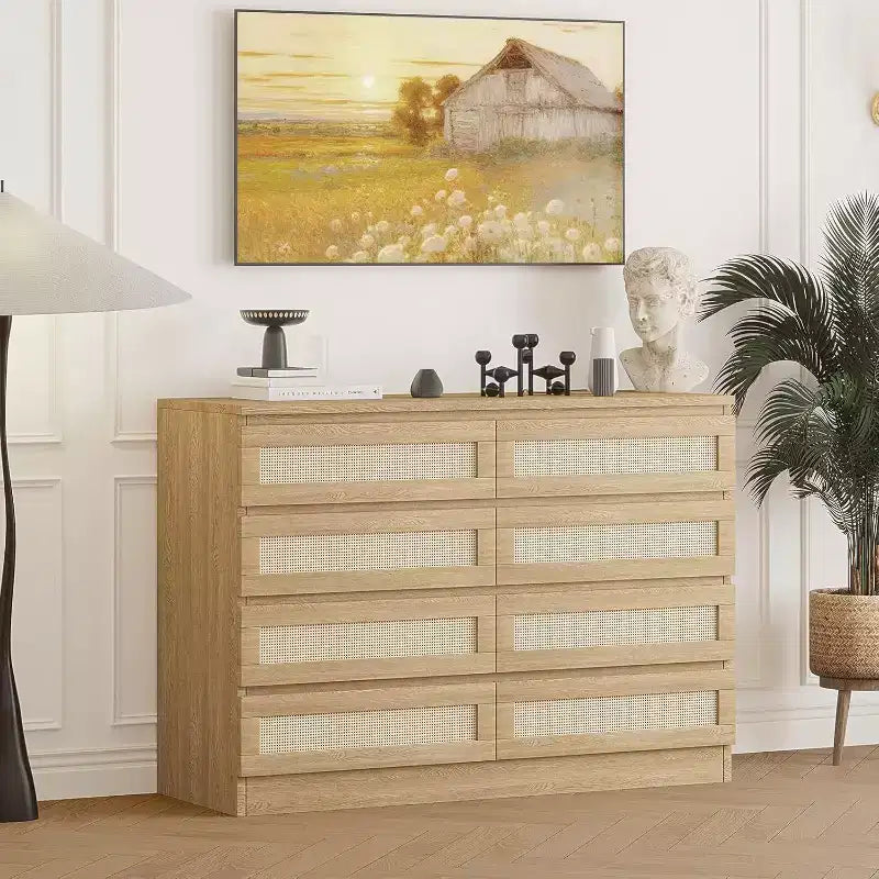 Comò doppio in rattan a 8 cassetti, mobile contenitore moderno in legno per camera da letto, cameretta, cabina armadio, soggiorno e ingresso