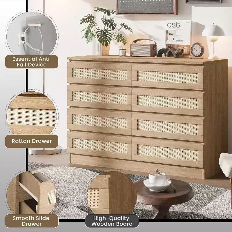 Comò doppio in rattan a 8 cassetti, mobile contenitore moderno in legno per camera da letto, cameretta, cabina armadio, soggiorno e ingresso